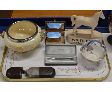 TRAY WITH ADVERTISING HORSE DISPLAY, CLARICE CLIFF BOWL, ENAMEL STYLE BRUSH SET, HIP FLASK, PARKER PEN ETC     