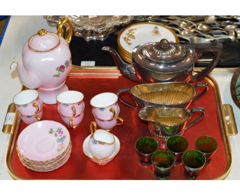 TRAY WITH QUANTITY TUSCAN COFFEE WARE, 3 PIECE EP TEA SERVICE, SILVER OVERLAID SHOT GLASSES ETC     