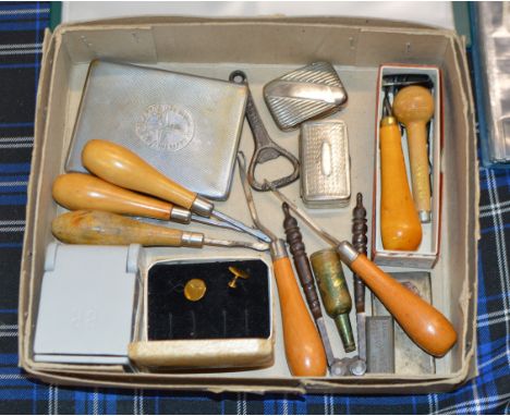 BOX WITH SMALL WOODEN HAND TOOLS, VESTA CASE, YELLOW METAL CUFFLINKS ETC     