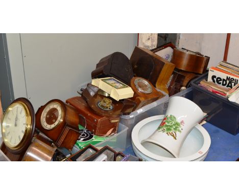 5 BOXES CONTAINING VARIOUS MANTLE CLOCKS &amp; CLOCK PARTS, LP &amp; SINGLE RECORDS, COSTUME WRIST WATCHES ETC     