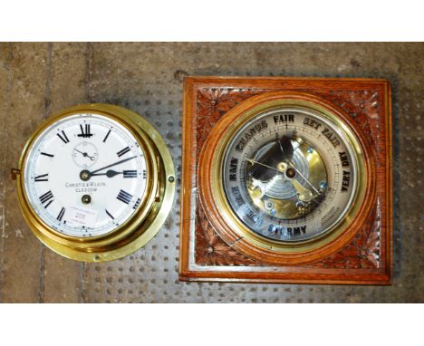 BRASS CASED SHIPS STYLE CLOCK BY CHRISTIE &amp; WILSON GLASGOW &amp; OAK CASED ANEROID BAROMETER     