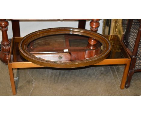 TEAK GLASS TOP COFFEE TABLE &amp; MAHOGANY FRAMED WALL MIRROR     