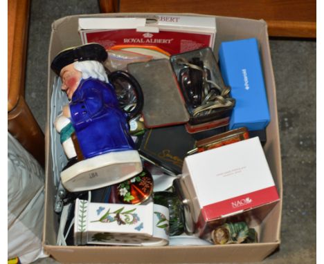 BOX WITH ASSORTED SUNGLASSES, SPECTACLES, NAO FIGURINE, TOBY JUG, MIXED CERAMICS, VARIOUS ORNAMENTS &amp; GENERAL BRIC-A-BRAC