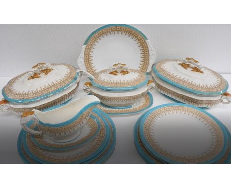 A collection of Royal Worcester Victorious pattern dinnerware, comprising three serving dishes, twelve plates, gravy and sauc