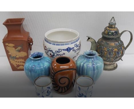 A Moroccan Islamic white metal and pottery teapot, pair of turquoise studio pottery vases, a Chinese terracotta dragon vase, 