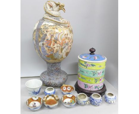Assorted oriental china, including a Chinese Export stacking candy pot, a Japanese Satsuma vase, etc. **PLEASE NOTE THIS LOT 
