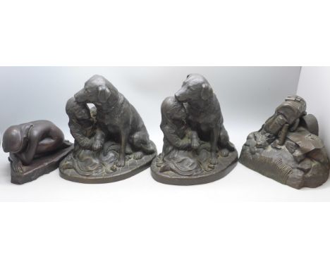 Two Heredites bronze effect figures, depicting a girl with a dog, a bronze effect figure of a lady and one other
