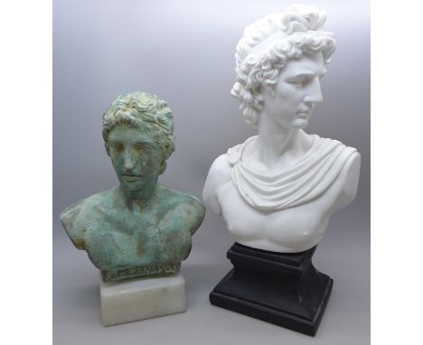 A Greek style bronze effect bust, 18cms h and a Roman style bust