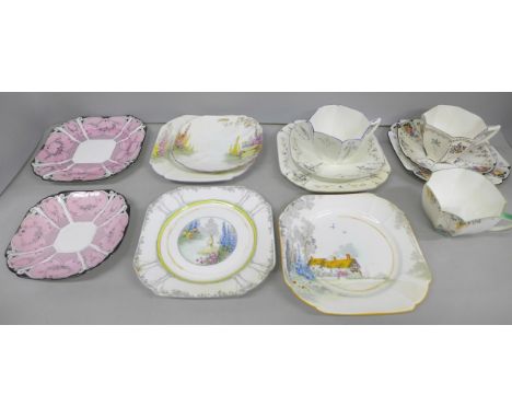 A collection of assorted Art Deco Shelley porcelain tea cups, saucers and plates