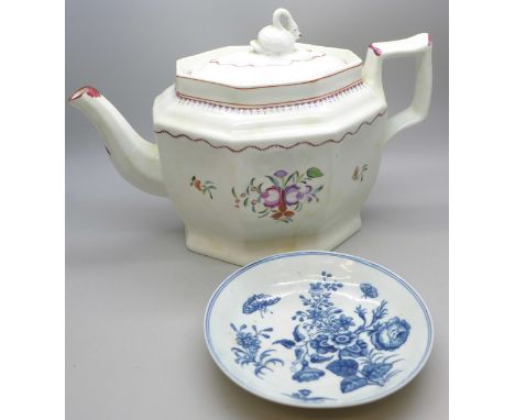 An early 19th Century Herculaneum porcelain teapot (c.1805), 15cms h, a/f and a small first period Worcester blue and white p