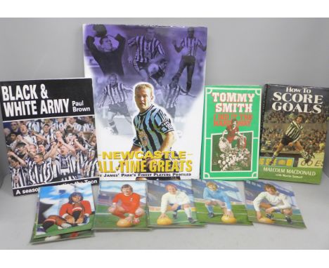 Assorted signed football books, Newcastle United, Macdonald x 3, Bobby Moncur, Tommy Smith, Liverpool and The Sun, 3D cards (