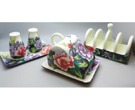 Three Old Tiptonware items, including a butter dish, shakers and toast rack, all boxed
