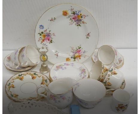 A large Royal Crown Derby plate, together with Duchess Riversong china; six side plates, six saucers, three cups, sugar bowl 