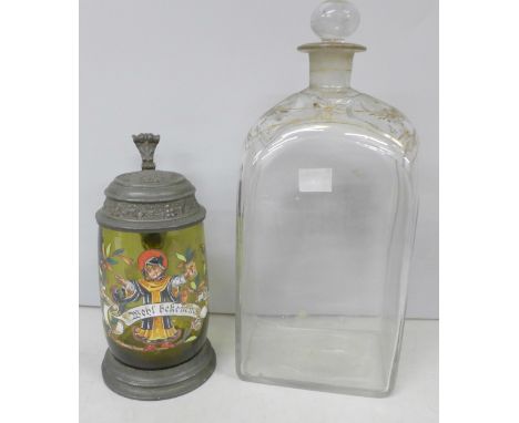A German pewter and enamelled amber glass stein, 14cms h and a glass decanter **PLEASE NOTE THIS LOT IS NOT AVAILABLE FOR PAC