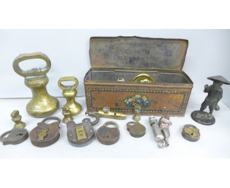 Assorted metalware, including metal detecting finds, weights, etc.