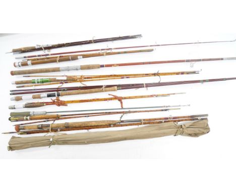 A collection of vintage fishing rods, including an Allcocks Lucky Strike split cane rod and a fishing bag with contents **PLE