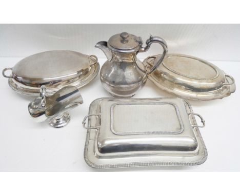 A collection of silver plated items comprising coffee pot, three tureens and a sucrier **PLEASE NOTE THIS LOT IS NOT AVAILABL