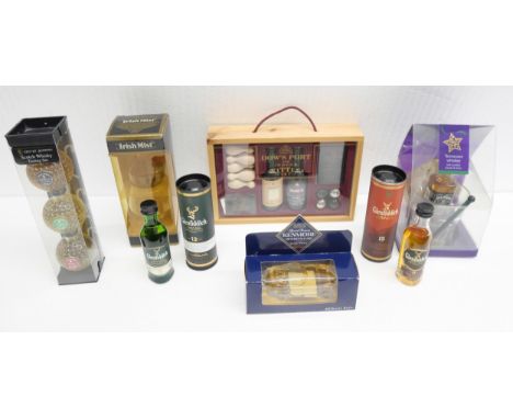 A collection of alcohol, including gift sets; two 50ml Glenfiddich, 12 and 15 years Jack Daniels, Dow's Port indoor skittles,