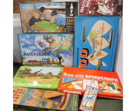 A collection of vintage games, including; Go, Railroader, Super Mastermind, Safari Round Up, Waddington's table soccer