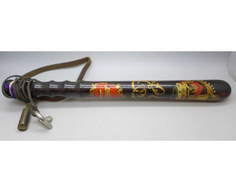 A Georgian painted treen Constable truncheon, 38cms l and a whistle