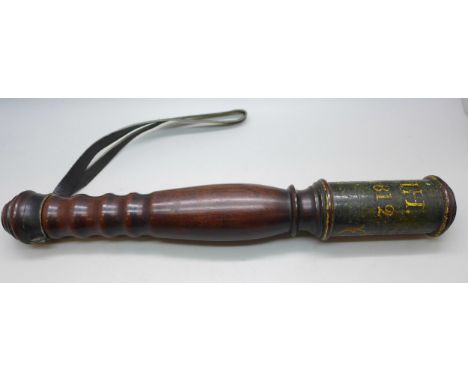 A Regency painted treen truncheon, initialed I.H and dated 1812, 32cms l