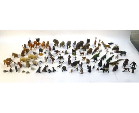A large collection of Britains and other lead zoo animals including crocodiles, emus, giraffes and many others, various scale
