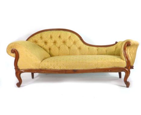 A Victorian and later button upholstered chaise with a mahogany scrolled frame   CONDITION REPORT:  L. 196 cm W. 76 cm H. 88 