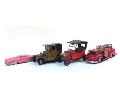 A Linemar battery operated tinplate fire engine, together with two Bing-style battery operated tinplate models and a (?)JR21 