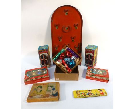 A small group of toys consisting a tinplate bagatelle board, a 'wonder' printing set and a 'My First Paint Box' set, together