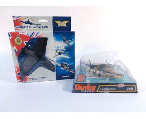 A Dinky Toys 719 Spitfire MkII and a Corgi Aviation Archive 'Battle of Britain' 49001 Spitfire MkI, both boxed (2)