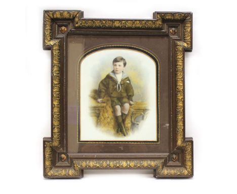 An early 20th century overpainted full length portrait photograph of a young boy wearing a sailors outfit, image 28 x 24 cm(a