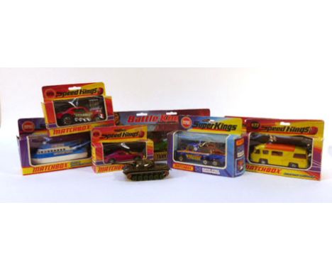 Eight Matchbox models consisting:Super Kings K-6 Motor-Cycle Transporter,Super Kings K-17 Low Loader with Bulldozer,Super Kin