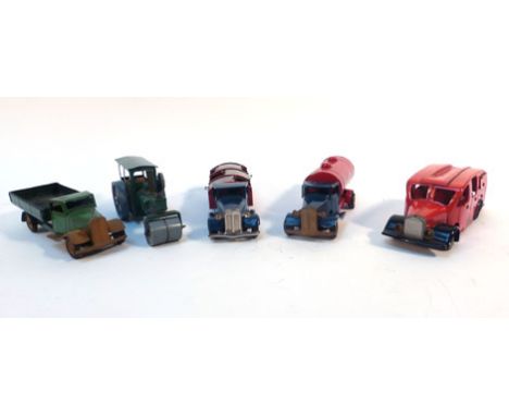 Five Tri-ang Minic tinplate clockwork models consisting:Fire engine,Tanker,Refuse truck,Road roller andFlat truck (5)   CONDI
