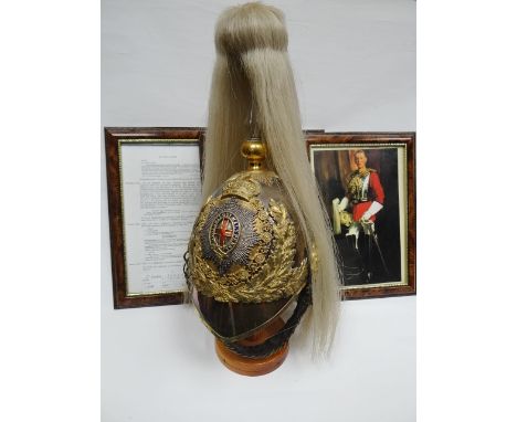 A Life Guards officer's parade helmet with plate, plumage, chinscale strap and liner, accompanied by framed documentation att