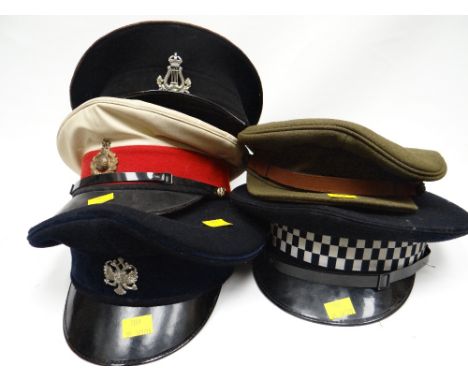 Five peaked caps to include Royal Marines, Police and Army 