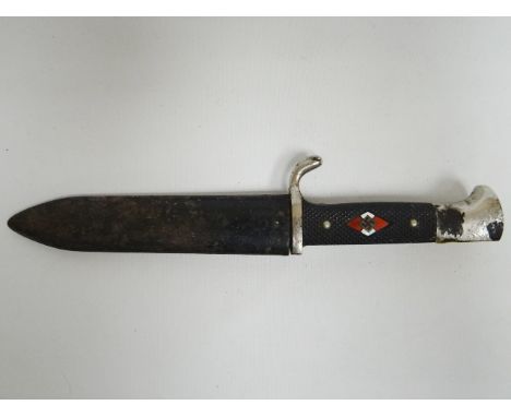 A German Third Reich Hitler Youth Knife in its scabbard marked 'J.A. Henckels, Solingen Zwillingswerk Ges.Geschutzt' and mott