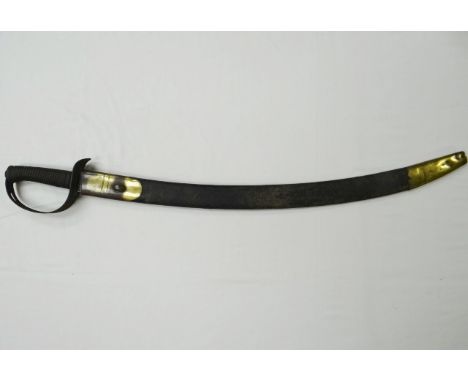 An Indian Artillery officer's sword by Mole with War Department markings on curved blade in leather and brass scabbard 