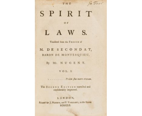 NO RESERVE Montesquieu (Charles Secondat, Baron de) The Spirit of the Laws, translated by Mr. Nugent, 2 vol., second edition,