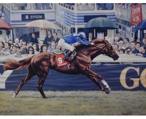 After Roy Miller SEA (b.1938, British), coloured lithograph, 'Nashwan winning the 1989 Epsom Derby', of horse racing interest