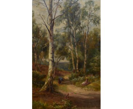 William Lakin Turner (1867-1936, British), oil on canvas, A woodland path with silver birch trees, signed and dated 1895 to t