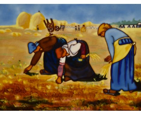 20th Century School, tile paintings, Three contemporary tube lined tile designs, one depicting Gleaners in the style of Jean-