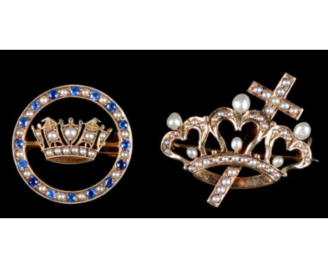 A fine nine carat gold Naval sweetheart brooch, seed pearl-set Naval crown within a seed pearl and blue stone-set circlet, Bi