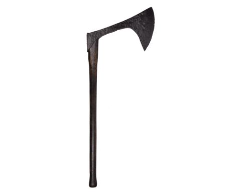A heavy axe of 'headman's' type, forged iron head of 'bearded' form with a long projection from the socket widening into a br