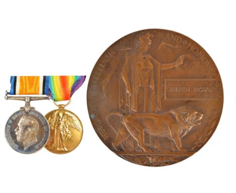 The Great War pair and Memorial Plaque to Private Reuben Brown, Cheshire Yeomanry and King's Shropshire Light Infantry: Briti