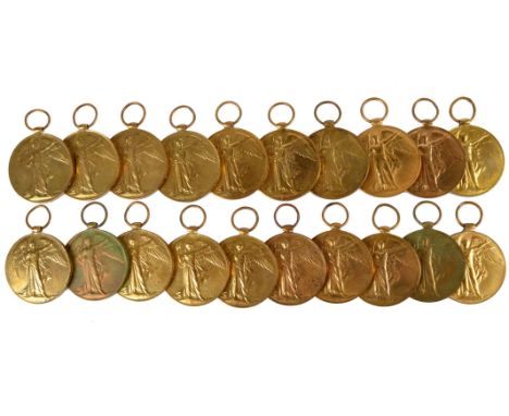 A collection of British Victory Medals, including: 18262 Pte. L. Taylor E. Lancs R., TS-2977 Pte. W.J. Mercer A.S.C., 1091 Bo