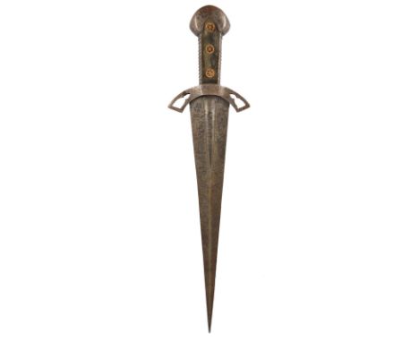 A 17th Century Italian miniature dagger, conforming generally to the cinquedea type, rapidly tapering blade 7.5 in., with med
