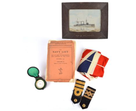 A quantity of insignia and other items, mainly nautical, and including: a combination pocket barometer and compass, cased; a 