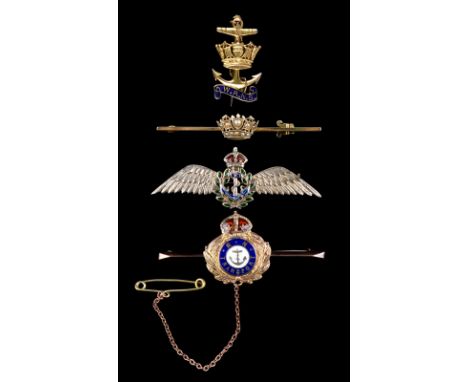 Four Naval sweetheart brooches: Royal Navy Transport, enamelled and stamped '9ct'; Womens' Royal Naval Service, fouled anchor