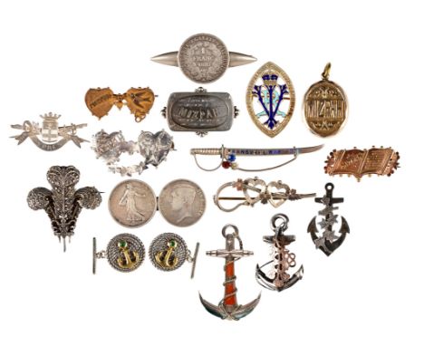 A small collection of Mizpah brooches, and other sweetheart jewellery, including: a silver brooch in the form of a sword, 'TR
