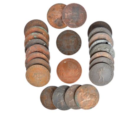 A collection of 18th Century British token coinage, including; Coventry, halfpenny, 1793, 1794, Lady Godiva on horseback, rev